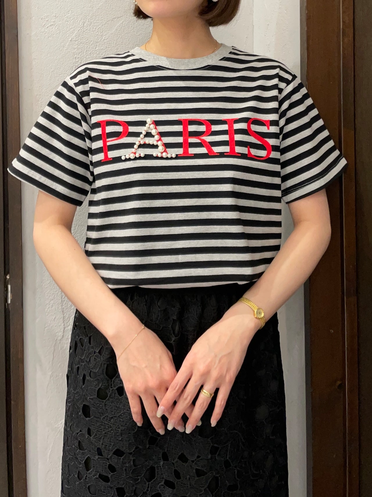 【MICALLE MICALLE】PARIS PEARL BORDER T-SHIRT