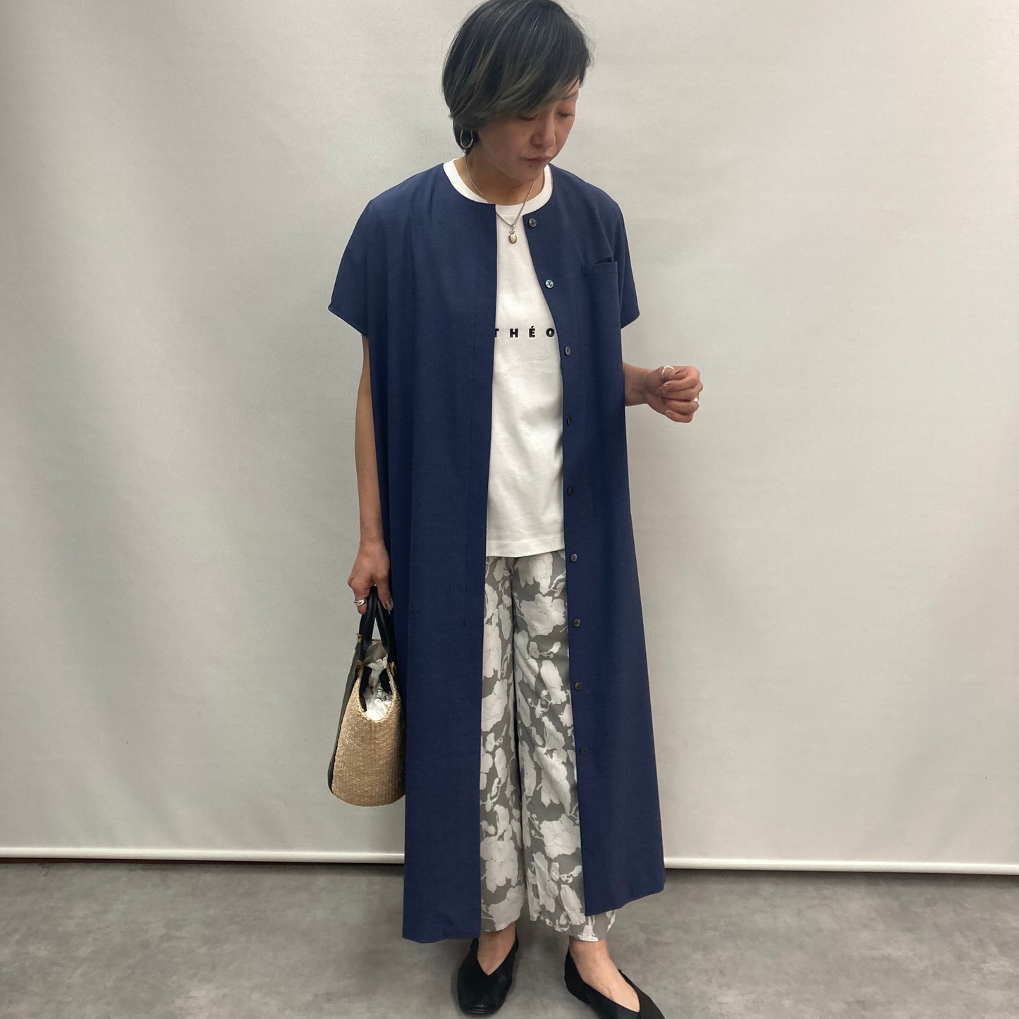 mizuiro ind /クルーネックフロントフライロングジレ