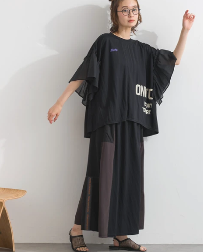 【botanical】接触冷感カノコ切替袖フリルプルオーバー