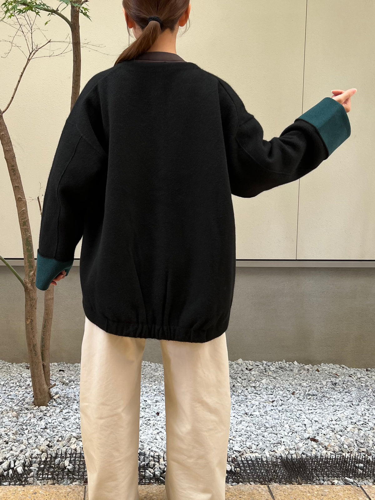 【hunch】カシミヤタッチ配色ノーカラーニットコート