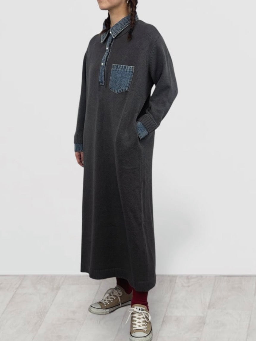 【QTUME】デニム襟パールボタンコンビニットワンピース