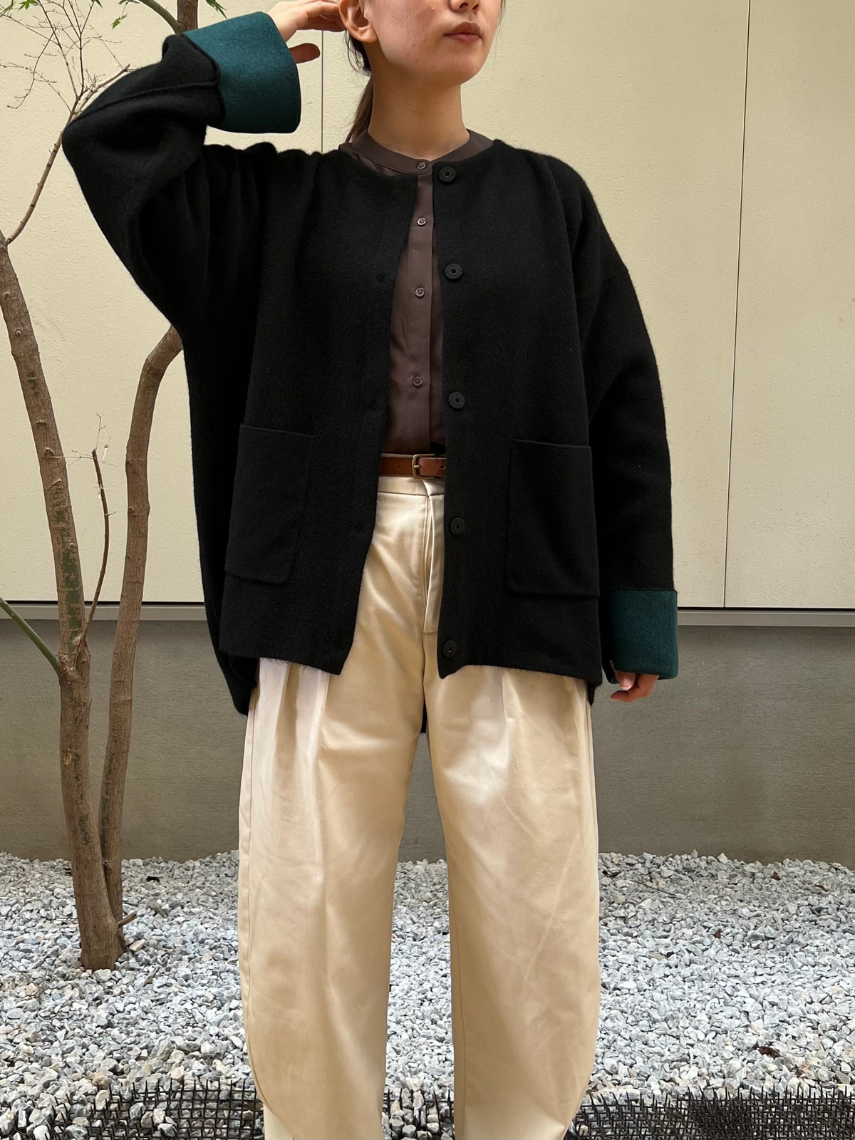 【hunch】カシミヤタッチ配色ノーカラーニットコート