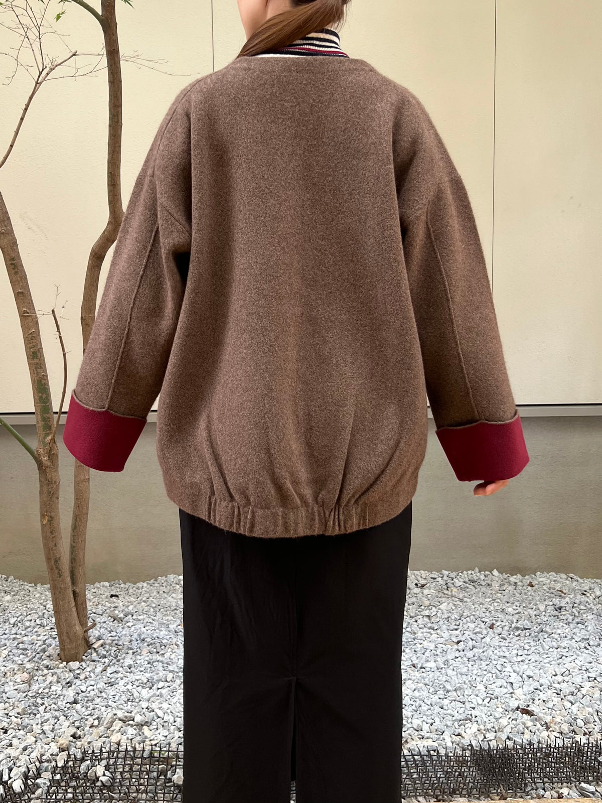 【hunch】カシミヤタッチ配色ノーカラーニットコート
