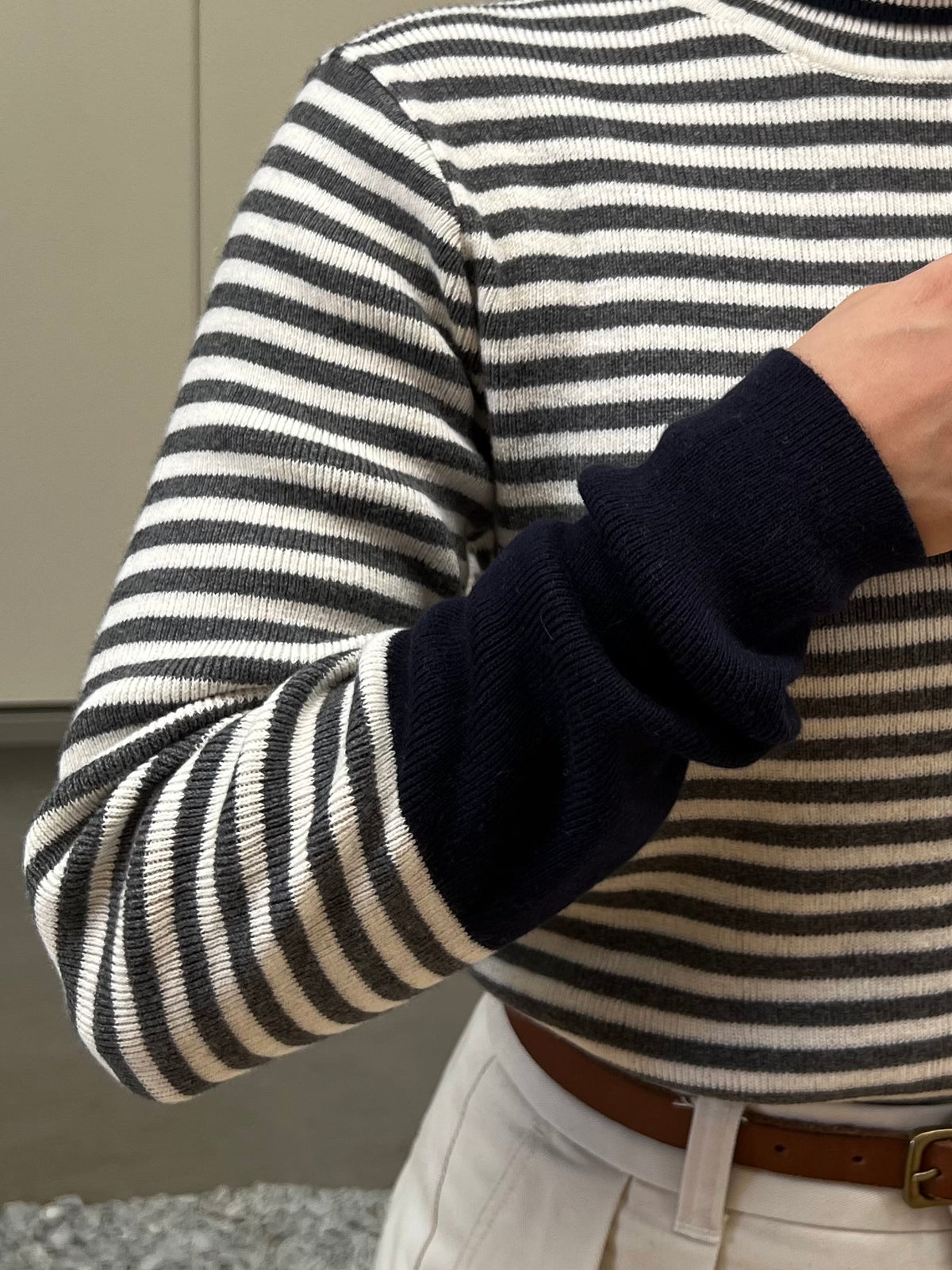【SOSOTTO】コットンカシミア配色ボーダータートルネックプルオーバー