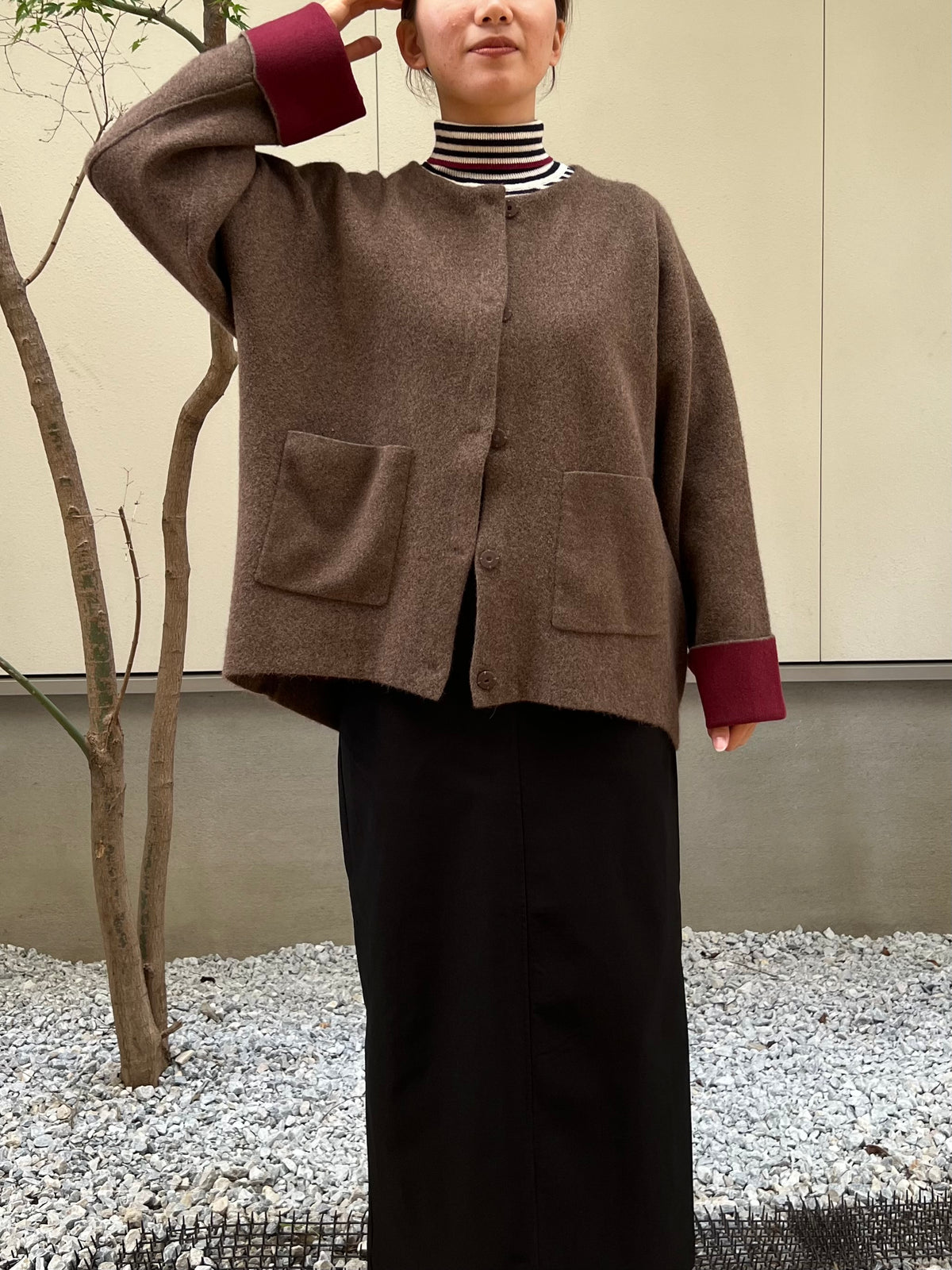 【hunch】カシミヤタッチ配色ノーカラーニットコート