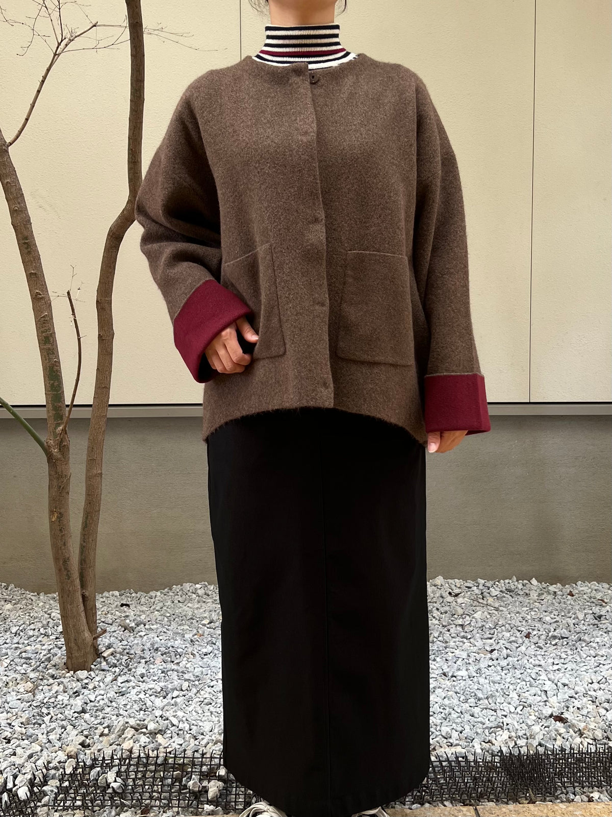 【hunch】カシミヤタッチ配色ノーカラーニットコート