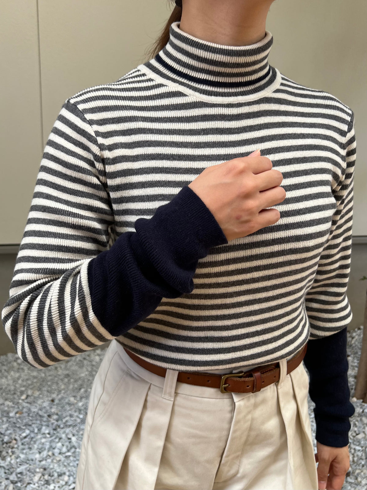 【SOSOTTO】コットンカシミア配色ボーダータートルネックプルオーバー