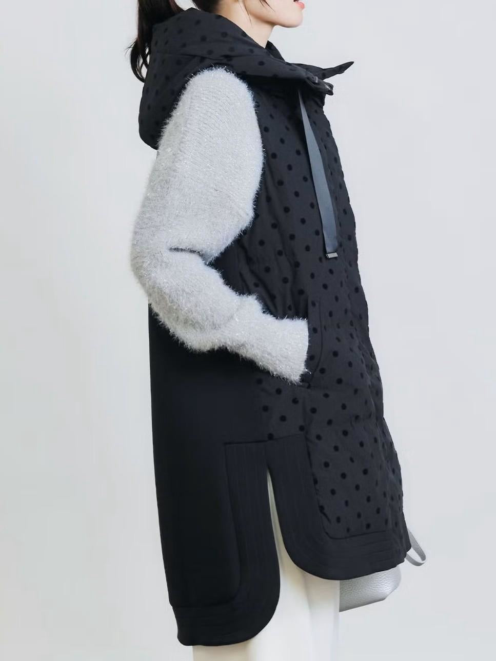 【PICCIN】ダンボール切替フロッキードットロングダウンベスト