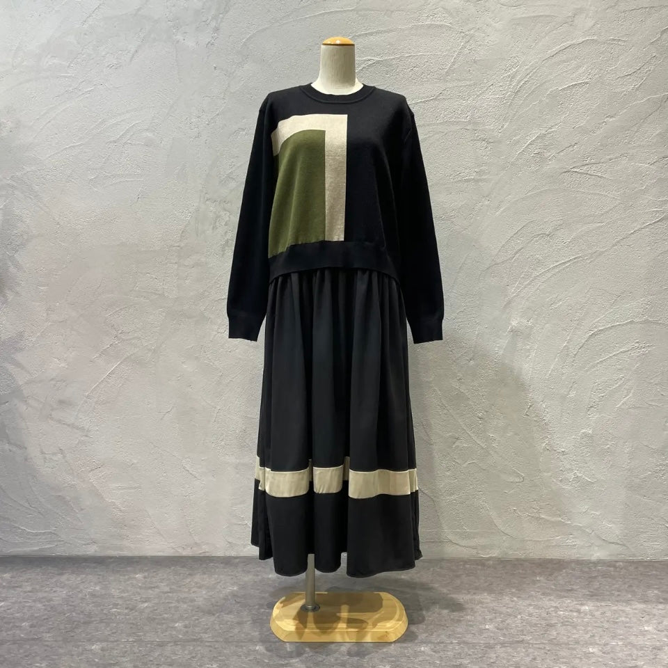Pauline Bleu/配色パネルニットコンビワンピース